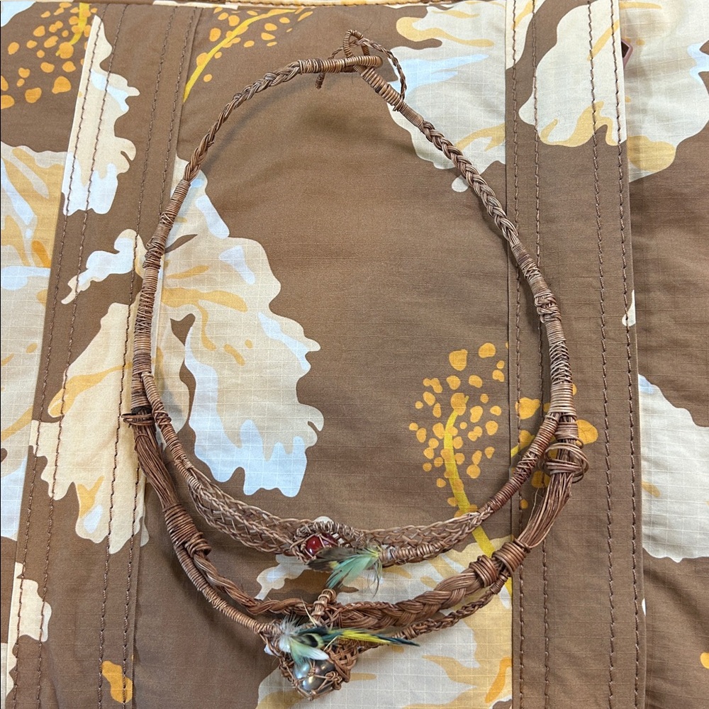 Tahitian Pearl Handcrafted Woven Necklace with Feather and tooth Accents - Picture 5 of 5